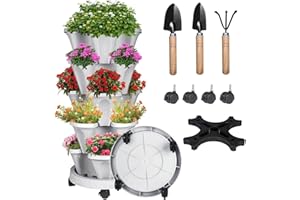 SUNFUNUSA Vertical Strawberry Planter-5 Tier Tower Stackable Herb Planter Stacking Garden Planters Pot Outdoor with Tools Removable Wheels for Growing Flowers, Vegetables and Succulents