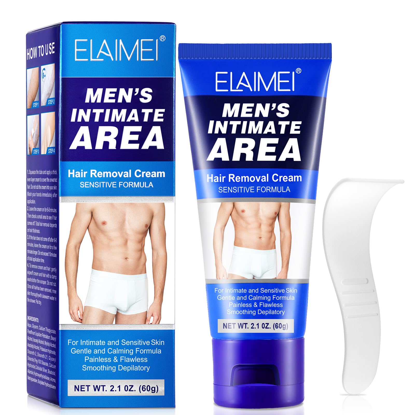 Hair Removal Cream for Men - Painless, Sensitive-Skin Formula for Genitals, Body, Private Areas, and Underarms, 60g