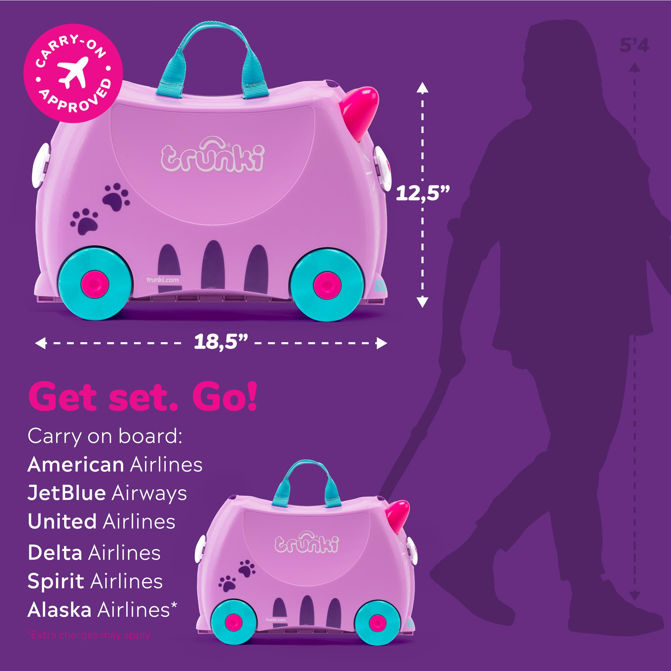 Trunki Ride-On Kids Suitcase | Tow-Along Toddler Luggage | Carry-On Cute Bag with Wheels | Kids Luggage and Airplane Travel Essentials: Cassie Cat Lilac