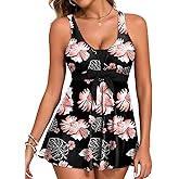 Aleumdr Women Printed Two Piece Tankini Swimsuits Tummy Control Swim Dress High Waisted Boyshort with Pockets