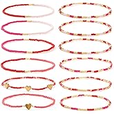 Ustome Valentine's Pink Heart Star Stackable Seed Beaded Bracelets Set For Women,Handmade Stretch Gold Accessories White Jewelry, Daily Vacation Holiday Girlfriend Wife Friendship Gift