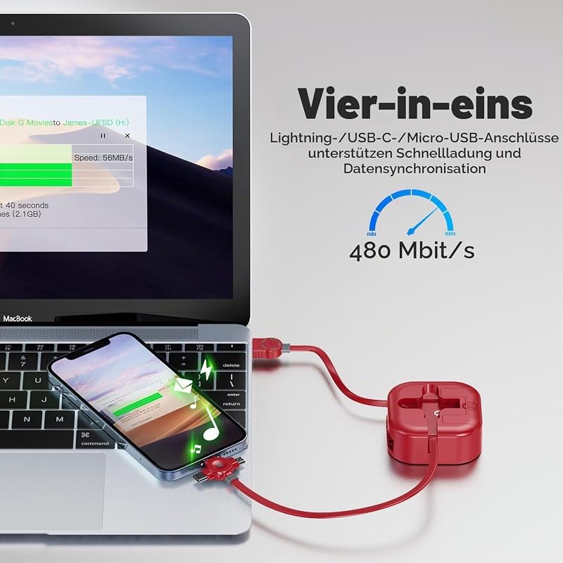 USB 4 in 1 Ladekabel, [1,2M] Multi Ladekabel Einziehbar,
