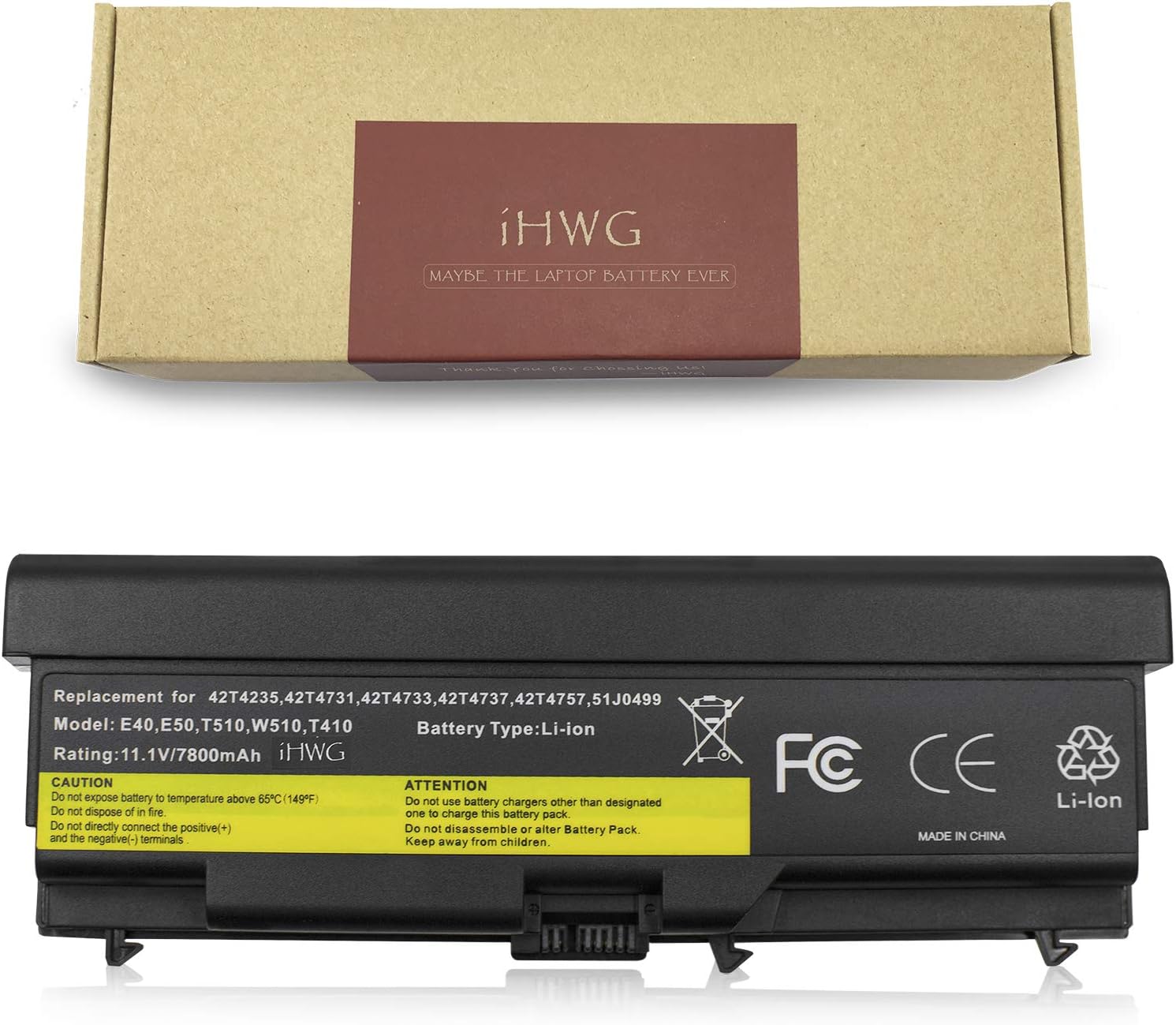 iHWG T410 Battery High capacity (11.1V/7800mAh) 9 Cells for Lenovo ThinkPad T410 T420 T510 T520 SL510 E40 E50 0578 E420 E525 L410 L412 L420 L421 Sl410 Sl510 W510 W520 42T4751