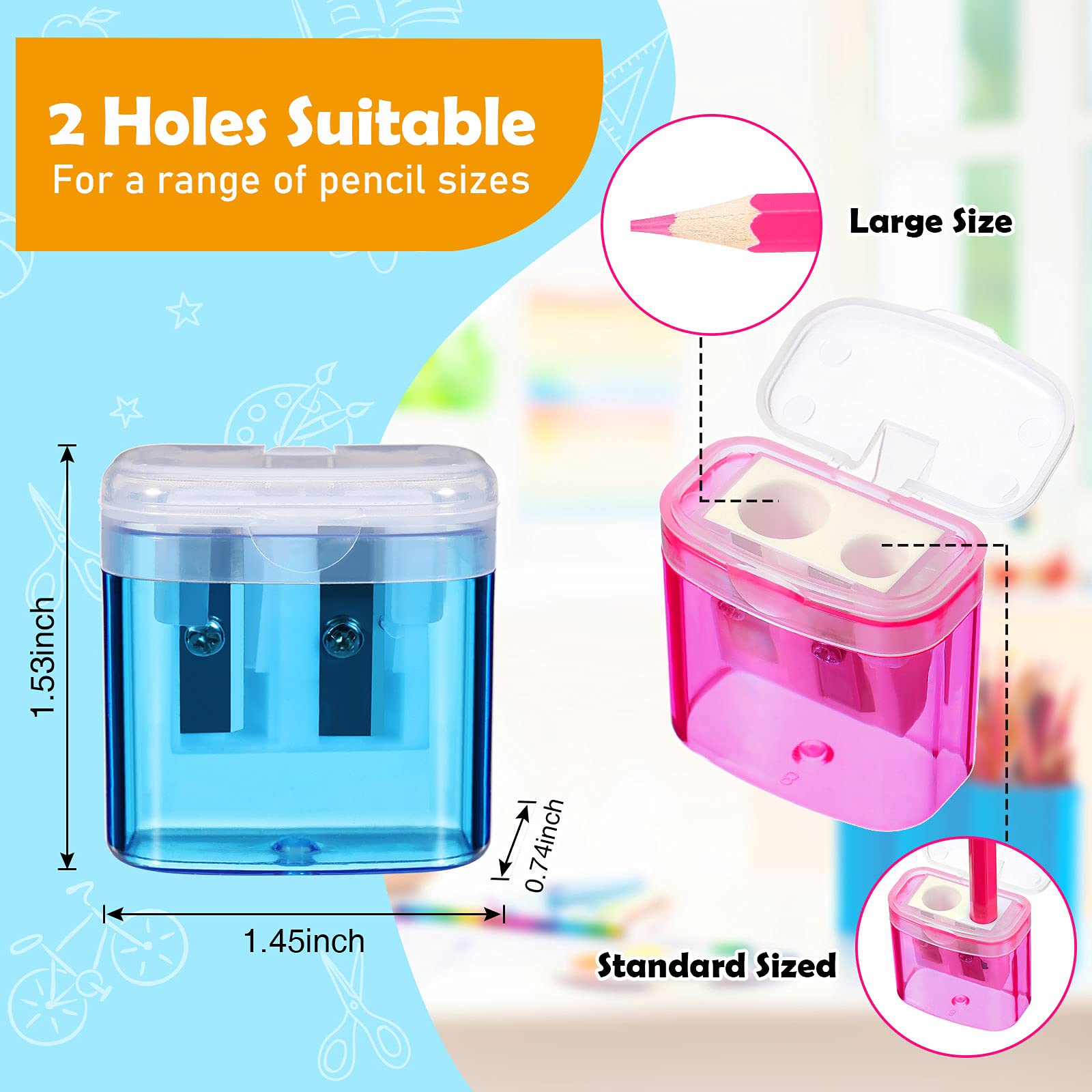 Tenare 48 Pieces Back to School Pencil Sharpeners Manual Double Hole Pencil Sharpener with Lid Hand for Home School Office, Handheld Plastic Crayon Grinder, Pink, Yellow, Green, Blue