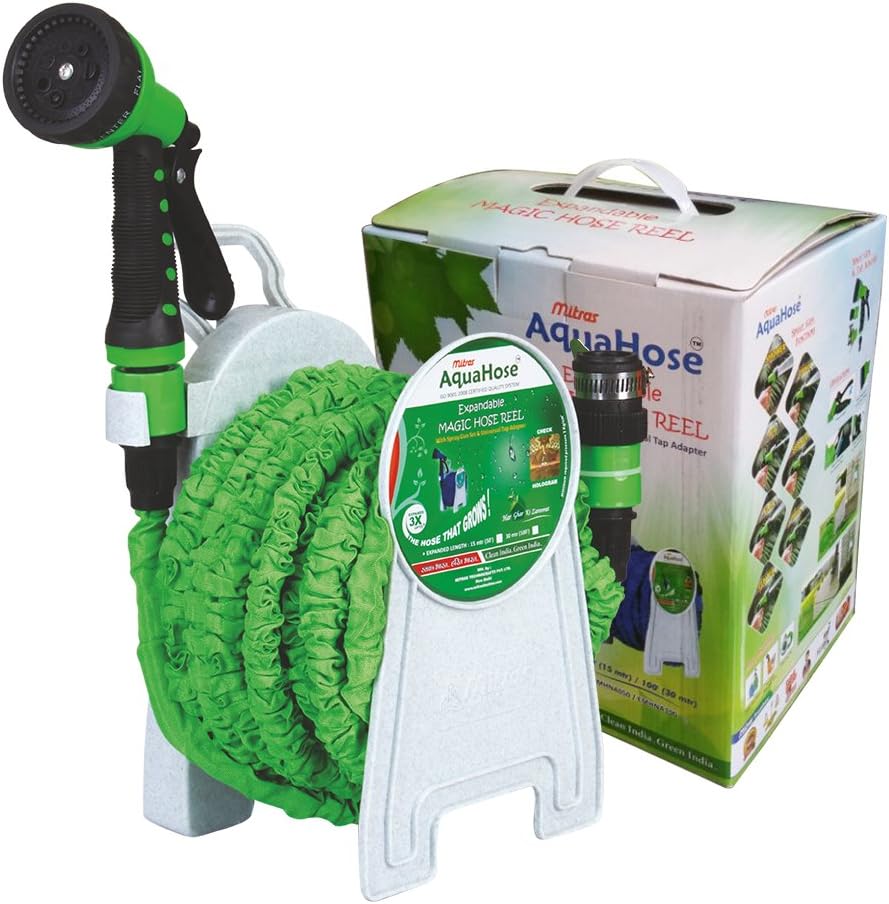 AquaHose Agriculture Hose Reel Fixed Type Green 10 m Hose Expandable upto 30 m/100 ft At Pressure with Soft Grip 7 Function Spray Gun Set with Tap Adapter, Butterfly Clamp to Tighten