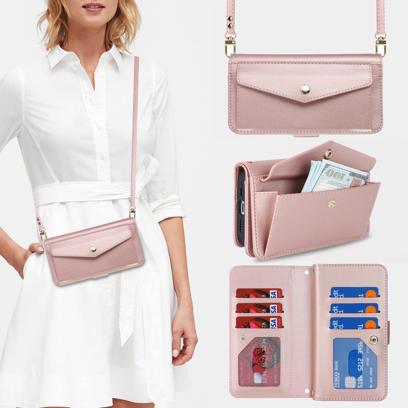 Zouzt for iPhone 13 Pro Wallet Case for Women, Purse with Credit Card Holder Slots Crossbody Lanyard Strap Flip Folio Book Shockproof Protective Cover for Apple iPhone 13 Pro 6.1 Inch (Pink)