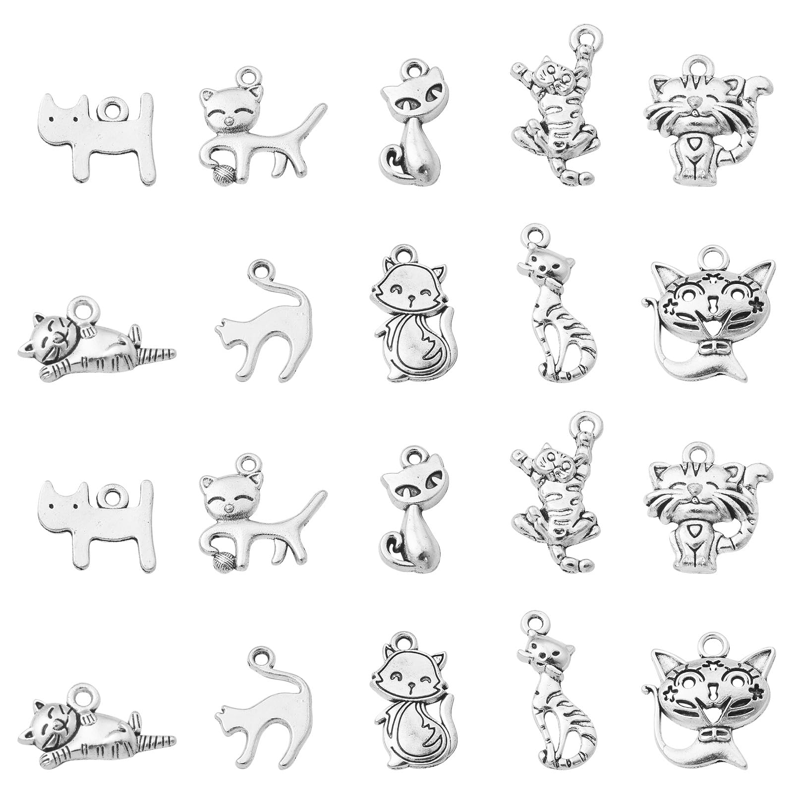 UR URLIFEHALL 100 Pcs 10 Styles Tibetan Silver Cat Charms Mixed Vintage Animal Pet Charms Pendants for Necklace Bracelet Jewellery Making