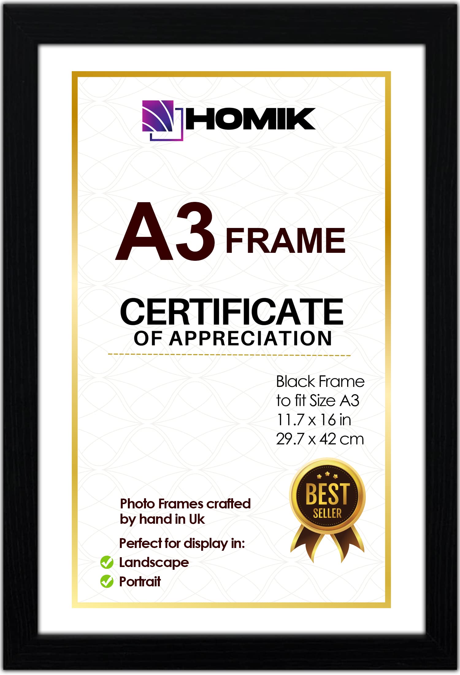 HOMIK A3 Photo Frame – Acrylic Glass A3 Picture Frame Black for Home Decor & Gifting (Single, Black, A3)