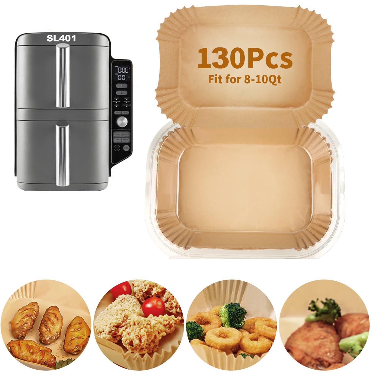 Photo 1 of 130PCs Air Fryer Liners Disposable for Ninja SL401/SL451, Rectangle Baking Parchment Paper Ninja DoubleStack XL Air Fryer Inserts Accessories, Food-Grade Paper Liners for Ninja DZ201/DZ401/DZ550