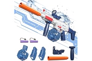 J JINPEI Electric Water Gun, Automatic Squirt Guns One-Button Up to 32 FT Range,370CC+Two 120CC Capacity Super Water Blaster for Kids Adults Swimming Pool Beach Party Games Outdoor Water Fighting Shooting Game
