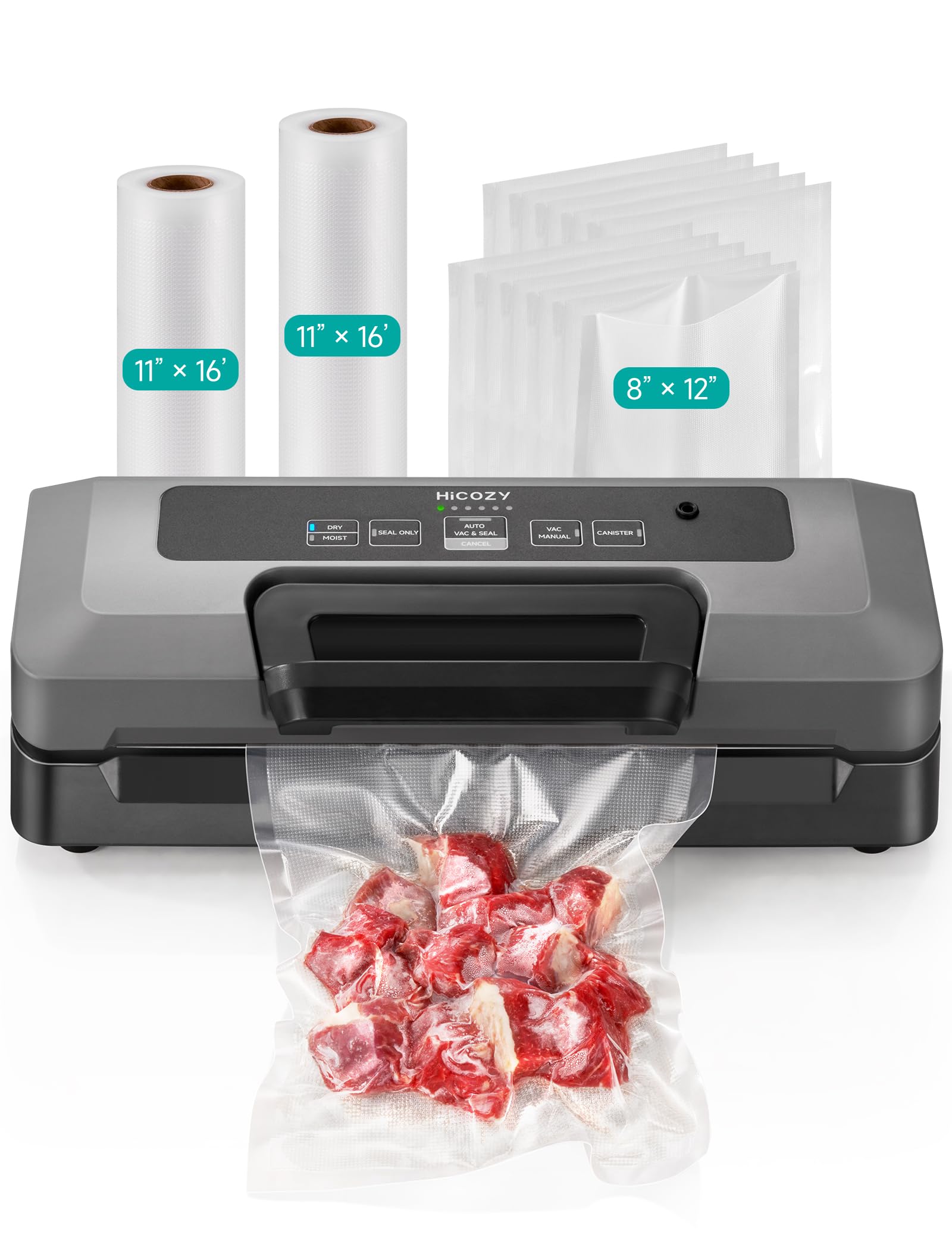 Photo 1 of HiCOZY Vacuum Sealer for Food, Powerful Heat Food Sealer, Dry Moist 7-1 Multiple Automatic Modes, Easy-Lock Handle, Compact Design with 10 Vacuum Bags & 2 Bag Rolls, Bag Cutter Included, Space Gray