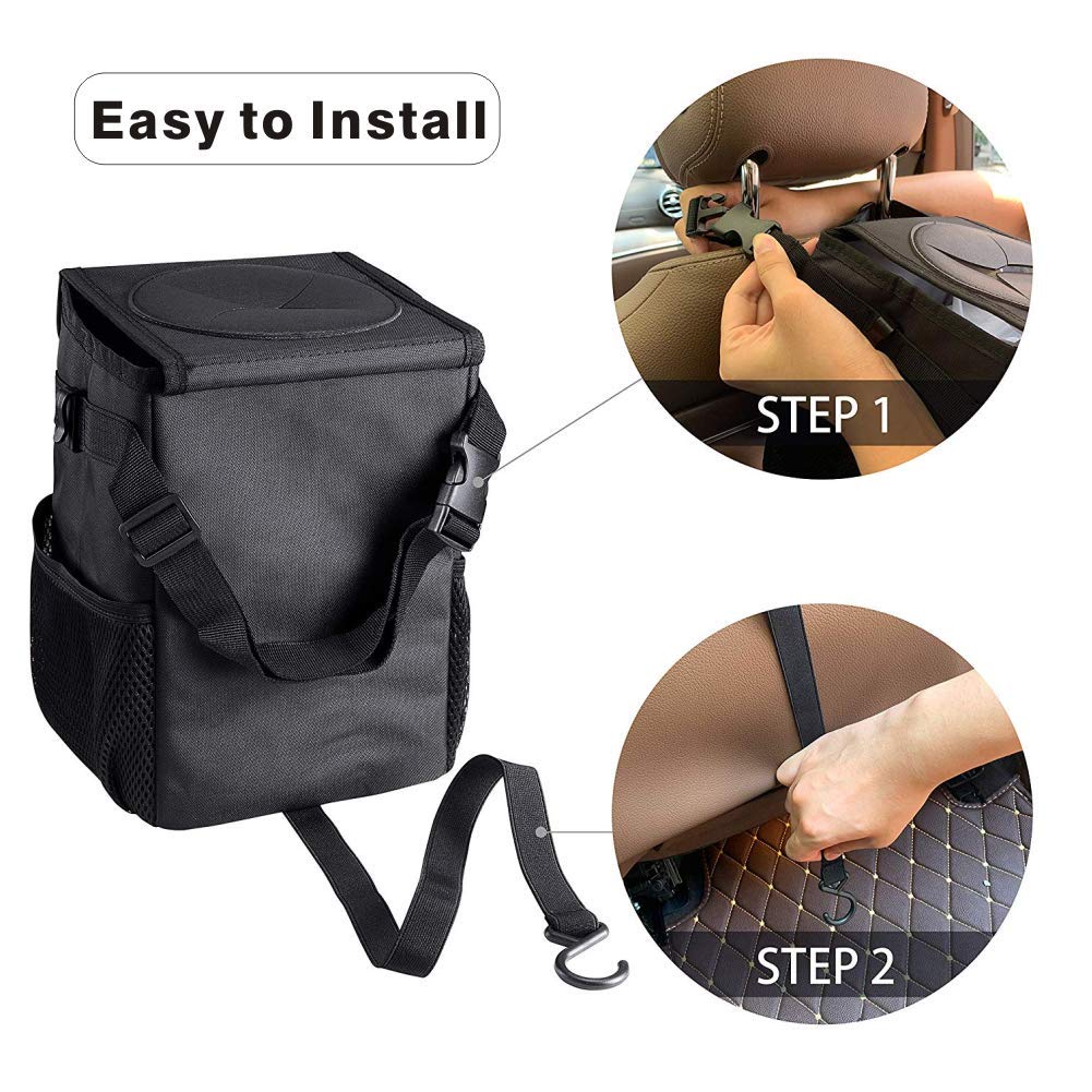 Flysea Car Trash Can, Leakproof Vehicle Trash Can with Lid, Collapsible Storage Organizer Pocket and Odor Blocking Waterproof Car Trash Bag for Home Travel Car Truck SUV Taxis and More