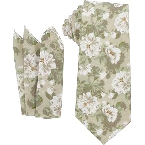 PLIGREAT Cotton Floral Tie with Flower Printed Handkerchief Set for Men, Skinny Necktie and 9.4" Square Pocket for Wedding Pa