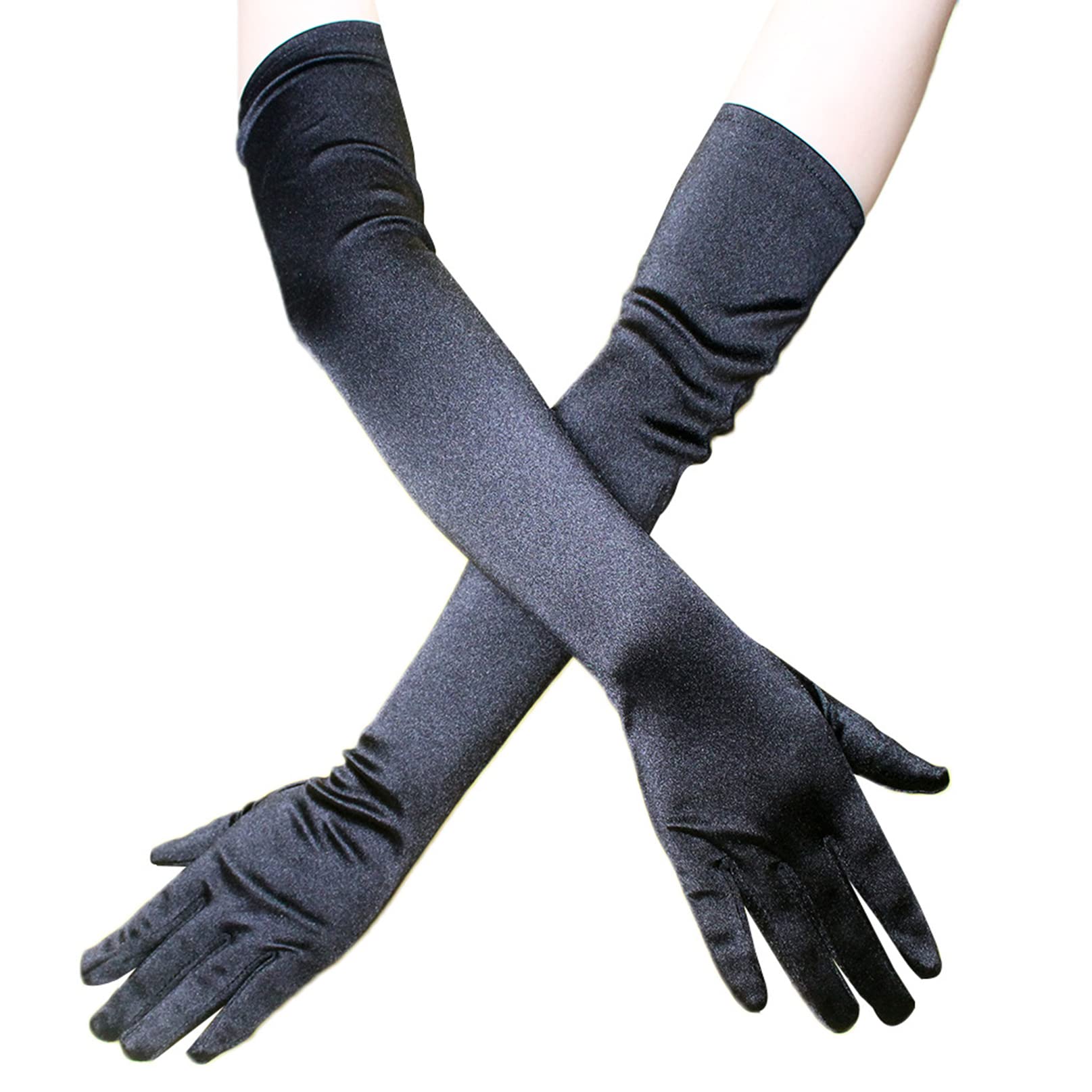 Women's Long Gloves Evening Opera Party Satin Glove 20s Finger Gloves Stretchy Elbow Length for Dresses Swan Costume (Black)