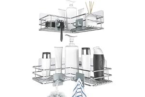 Nieifi Adhesive Corner Shower Caddy Shelf Basket Rack with Hooks, Rust Proof Stainless Steel Bathroom Shelf Shampoo Holder No