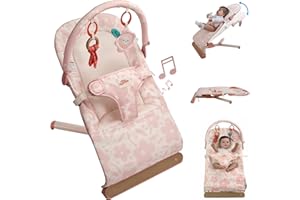 Tiny Marvels Baby Bouncer, 3-Point Harness Baby Bouncer Seat for Newborn Toddler, Portable Baby Rocking Chair with Sensory Toys and Music, Compact & Portable Baby Bouncers Chair (Pink Floral)