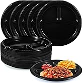 OMISTAR 100 Pcs 3-Compartment Divided Plates, 10" Disposable Plastic Plates with Dividers, Lunch Dinner Plates, Round Serving Plates for Parties, BBQs, and Picnics, Black