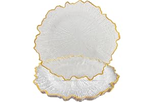 CN JIAHE 13inch Clear Acrylic Reef Gold Rim Charger Plates Set of 8, for Dinner, Wedding, Party, Event Decoration.
