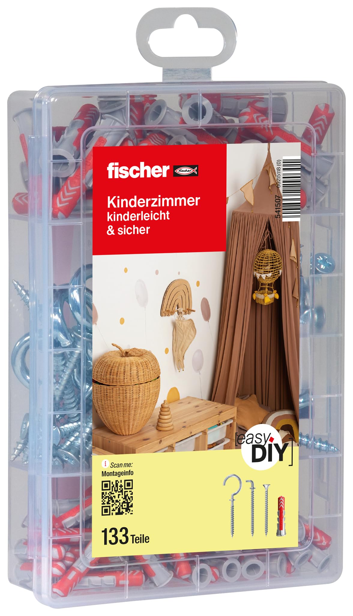 fischer LaDIY Box, Dowel Box with 133 Screws, Hooks & Duopower Dowels (50 Pieces 6 x 30, 30 Pieces 8 x 40), Universal Set for Numerous Building Materials and Fixings