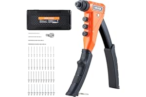 VEVOR Pop Rivet Gun Kit, with 200 Blind Rivets, Heavy Duty Single Hand Riveter with 4 Interchangeable Nosepieces, 4 Drill Bit