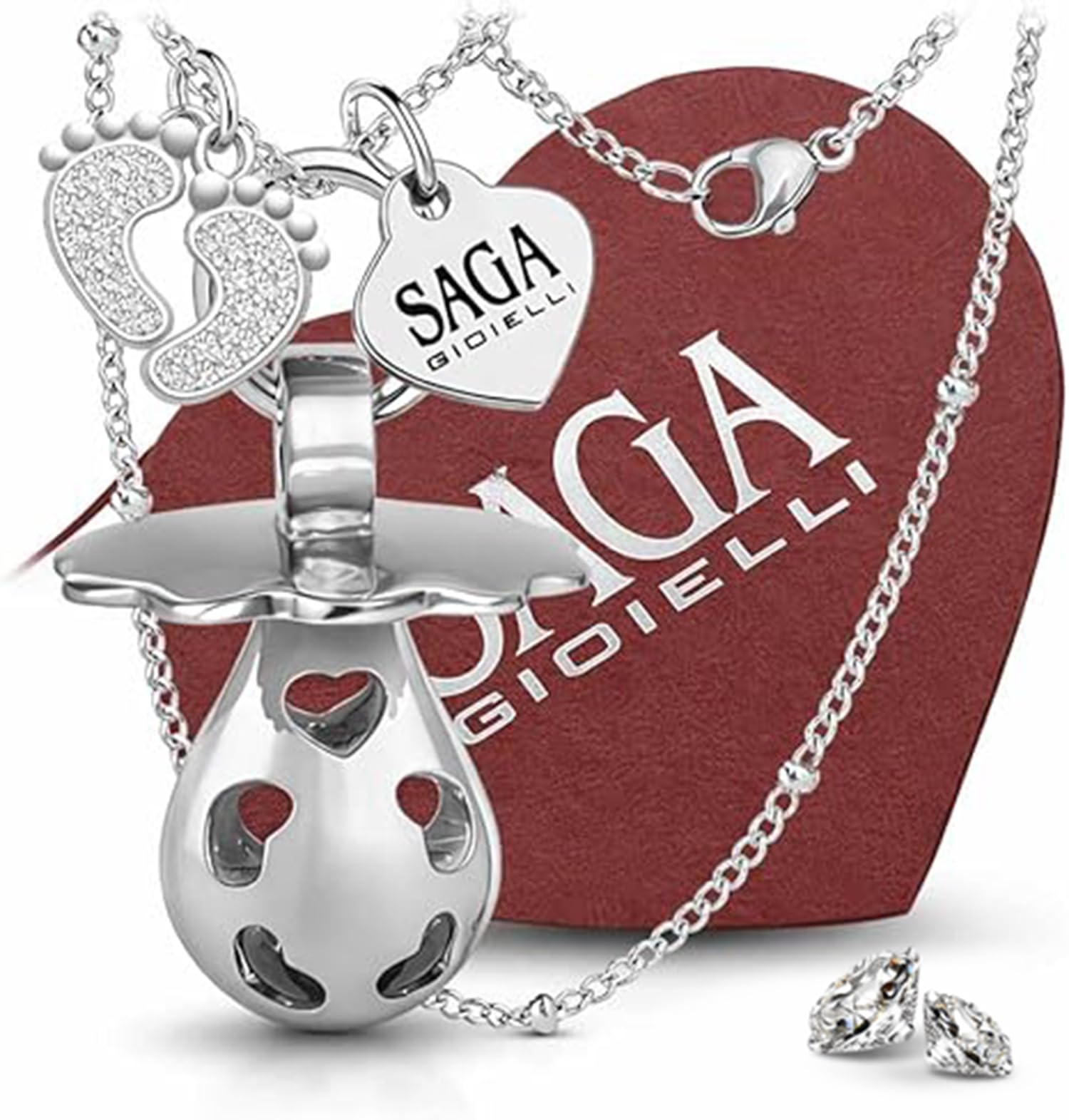 SAGA GIOIELLI® Necklace Calling Angels Bola Mexican Pacifier Feet Crystal