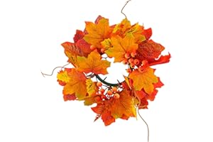 AUOCATTAIL Thanksgiving Candle Rings Wreath Pillar Candle Holder Fall Artificial Maple Leaf Berries Harvest Small Wreaths Candle Garland for Thanksgiving Party Centerpiece Table Door Decoration Supplies