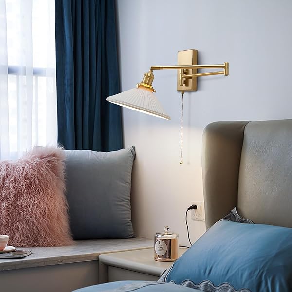 MAGIROZ WALL SCONCES SET OF 2 BRUSHED GOLD WALL MOUNTED SWING ARM LIGHT FIXTURE RETRO INDUSTRIAL HARDWIRED WALL LAMPS WITH PULL CHAIN BATHROOM VANITY SCONCES WALL LIGHTING INDOOR WALL LIGHTS MWL14A-2