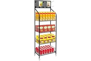 NAWESRVA 4-Tier Retail Display Rack Stand with Wheels - Candy Display Rack for Snacks, Candy, Toys - Durable Organizer with 10 Hooks, Easy Assembly, Modern Black Frosted Matte Process for Shops & Home Use