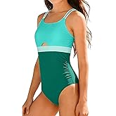 Qaoerde Girls Swimsuit One Piece Bathing Suit Color Block Waist Cutout Double Thin Shoulder Straps Swimwear 9-16Y