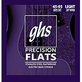 GHS Strings 3025 4-String Bass Precision Flats, Stainless Steel Flatwound Bass Strings, 38" Winding, Light (45-95)