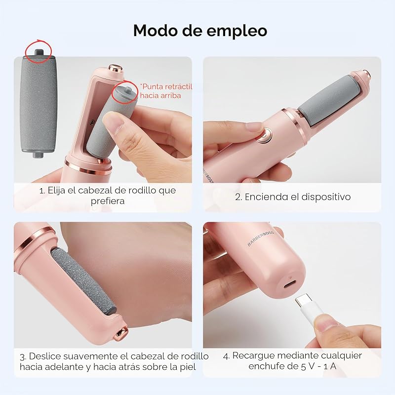 Lima eléctrica para pies, removedor de callos para pies, kit de pedicura recargable, cabezales de rodillo finos y gruesos, carga USB, tapa protectora (Rosa)