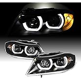 AKKON - Headlights For BMW E90 Sedan & Wagon [Halogen Style] LED U-Halo Black Housing Projector Headlights Headlamps