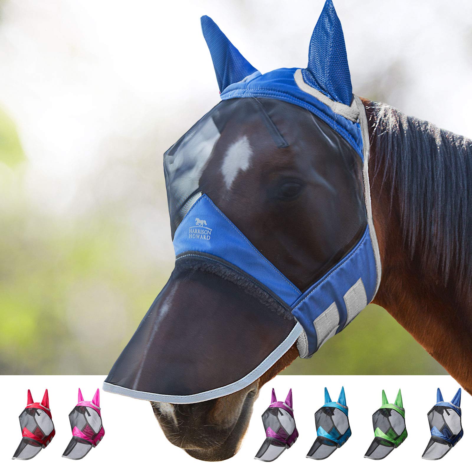 Harrison Howard CareMaster Pro Luminous Horse Fly Mask Large Eye Space Long Nose with Ears UV Protection for Horse Aquamarine (L; Full Size)