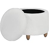 OSP Home Furnishings Lyra Contemporary Round Storage Ottoman with Lift-Off Lid, Ivory SherpaFabric
