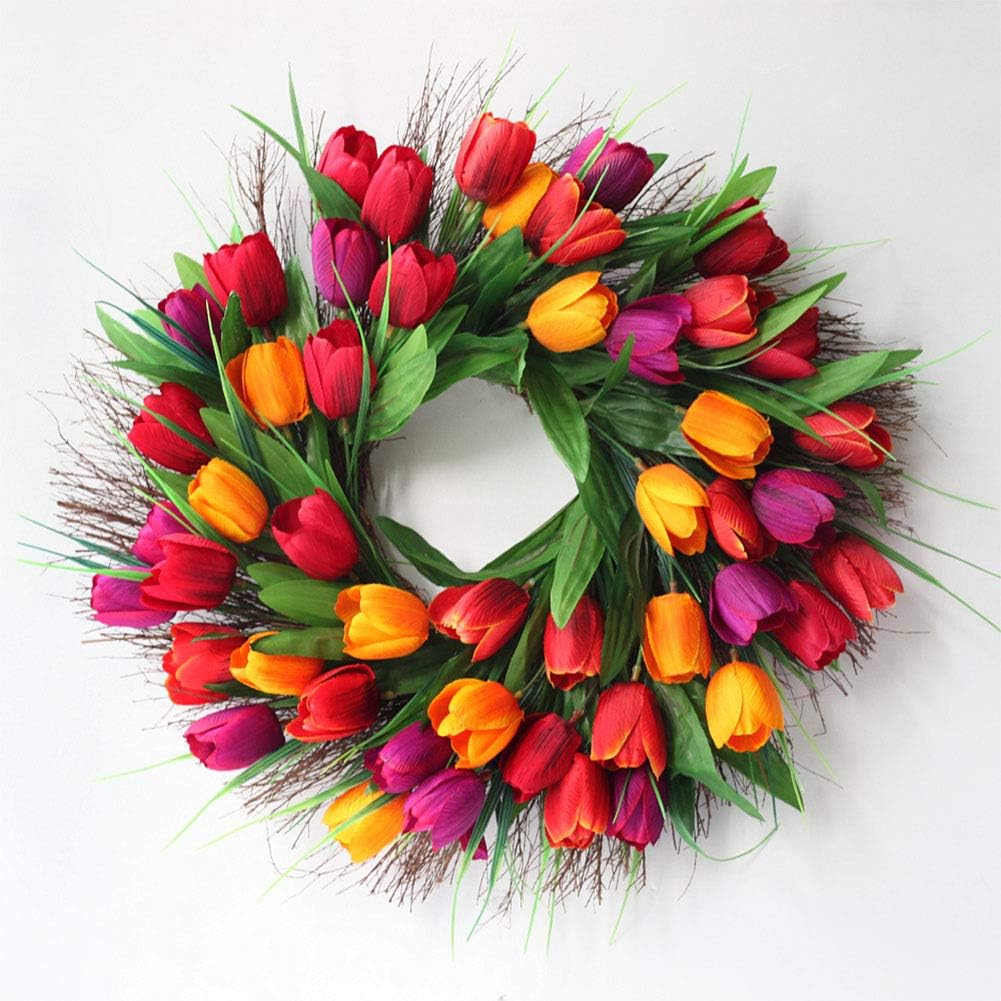 GWQDJ Tulip Wreath Door Wreath, Artificial Flower Tulip Floral Twig