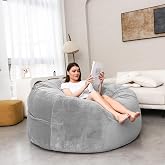 Bean Bag Chair for Adults Kids Oversize Cover Without Filler Round Soft Fluffy Comfortable Big Chairs for Bedroom, Study, Game Room Large Sofa Sitting Chair Light Grey, 5FT