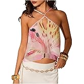 GORGLITTER Women's Floral Cropped Halter Top Tiered Sheer Mesh Spaghetti Strap Going Out Cami Tops