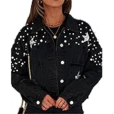 Women's Pearl and Star Denim Jacket Oversized Ripped Distressed Denim Jean Jacket Coat