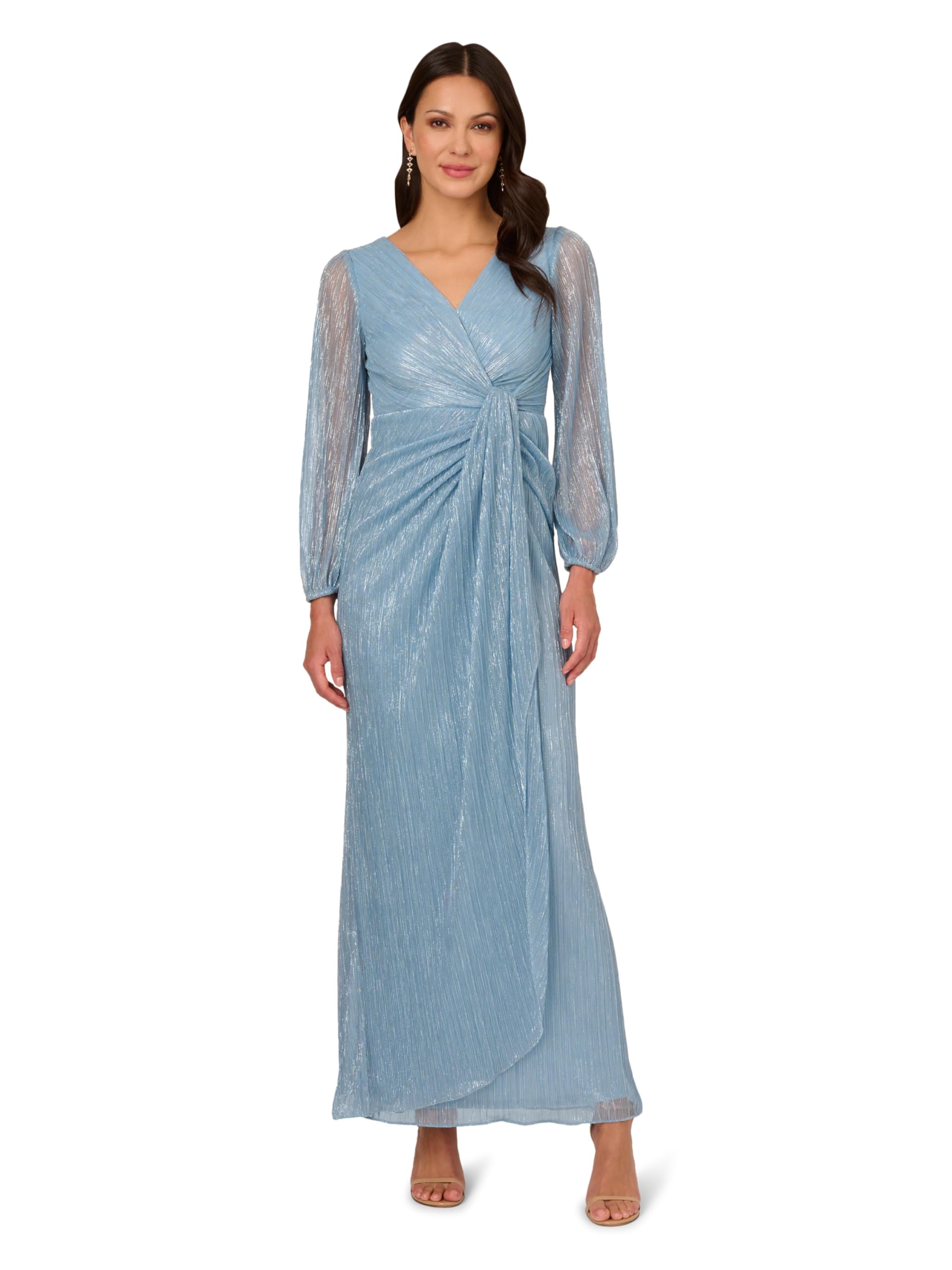 Adrianna Papell Women’s Metallic MESH Draped Gown, Belize Blue