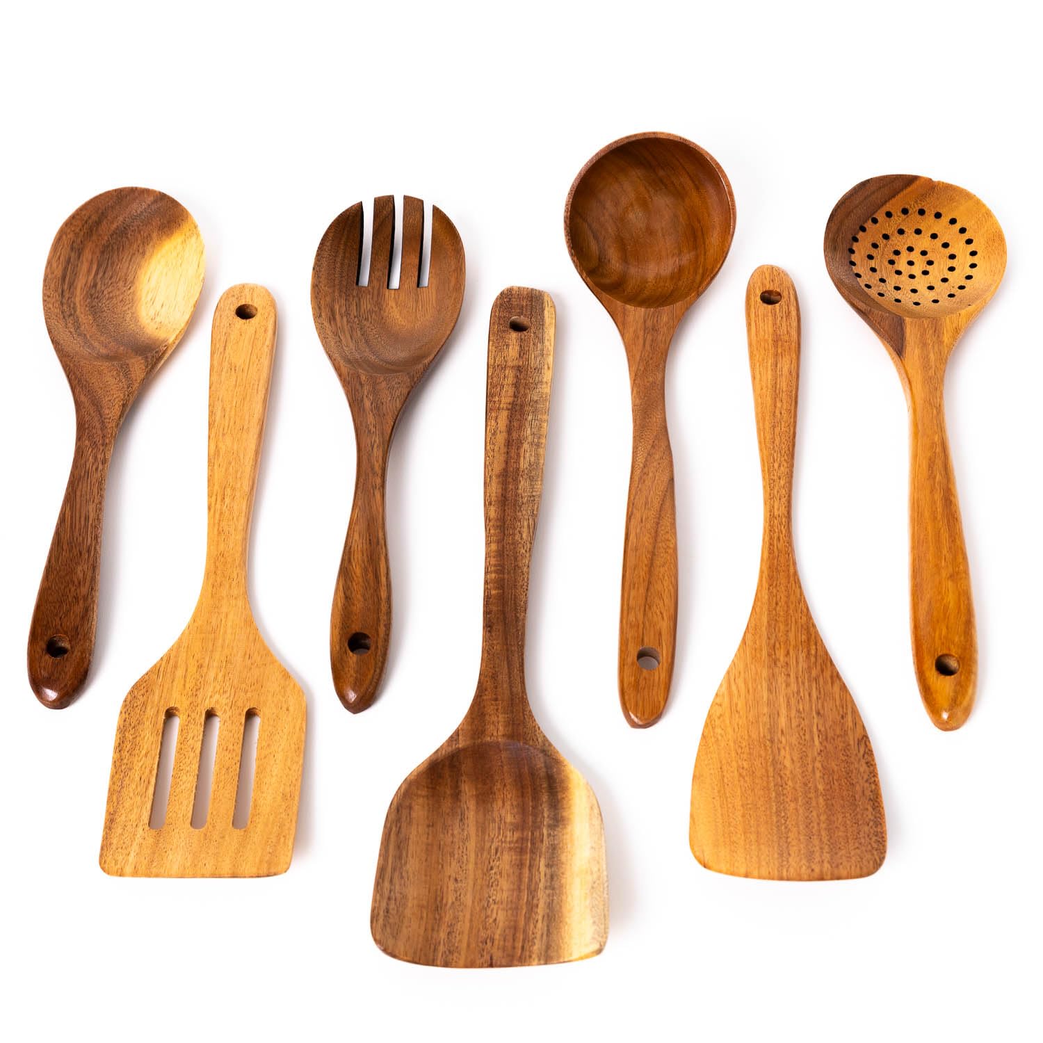 Kitchen Utensils Set of 7 for Cooking 30cm | Crafted From Premium Sustainable Acacia Wood | Including Serving Spoons, Spatula Set, Ladel | Non Scratch, Heat Resistant