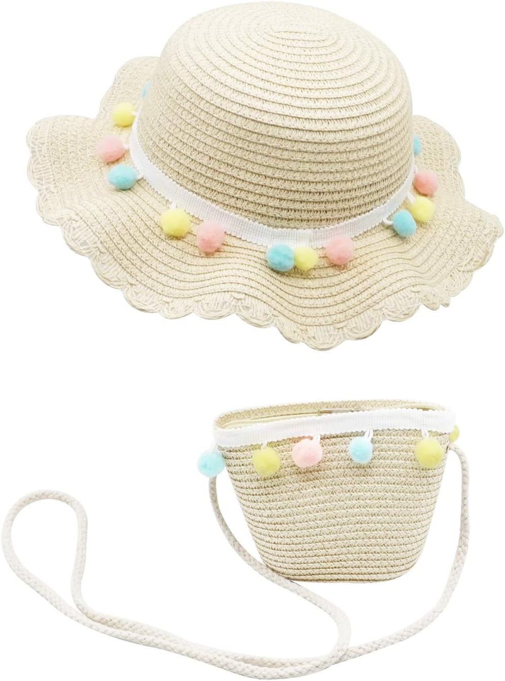 Bienvenu Kids Girl Colorful Balls Summer Beach Pool Floppy Dress Sun Hat with Pocket Bag Set