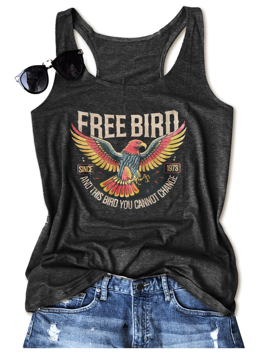 Photo 1 of *****PINK COLOR***** Free Bird Graphics Tank Tops for Women Country Concert Tops Vintage Rock Band Concert Outfit Summer Racerback Tank Tops Country Music Tank Tops (Free Bird3/Dark Grey,S)