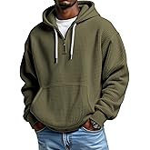 Men's Quarter Zip Hoodie Waffle Knit Hooded Sweatshirt Loose Fit Casual Long Sleeve Pullover with Pockets