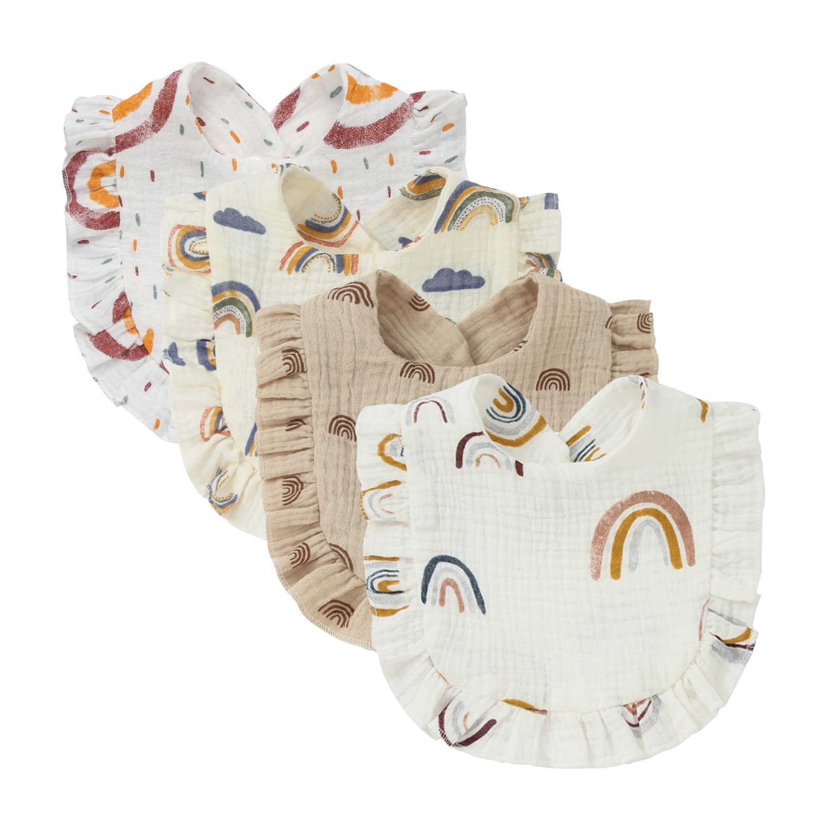 Nishine 4 PACK Solid Muslin Baby Drool Bibs Set for Unisex Boys Girls Cotton Adjustable Teething Feeding Drooling Bibs (Rainbow Set)