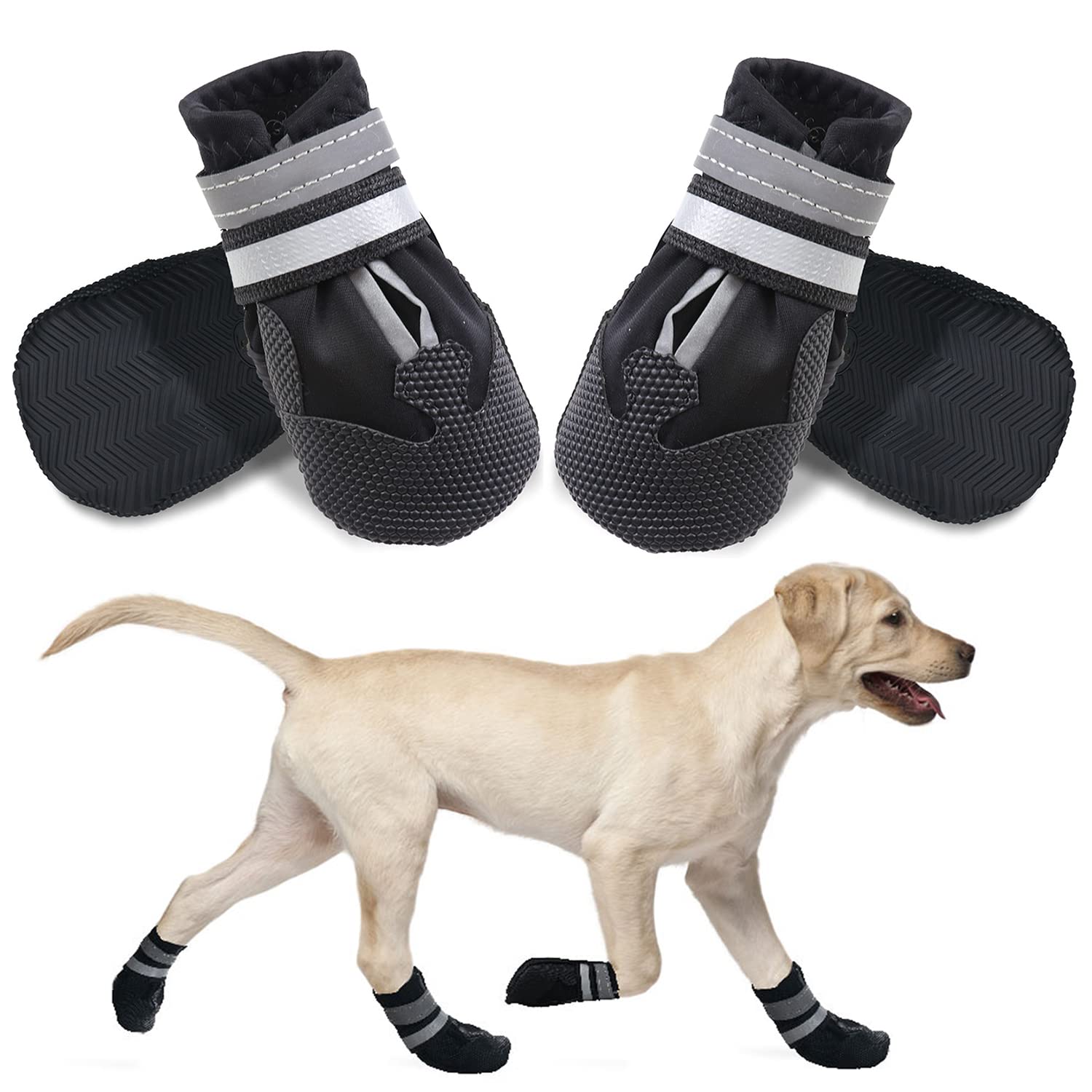 Dricar Bottes Chien, Ensemble de 4 Chaussures pour Chiens Antidérapant, Bottes de Protection pour Chien Imperméable pour Chiens de Taille Moyenne et Grande (XXL, Noir)