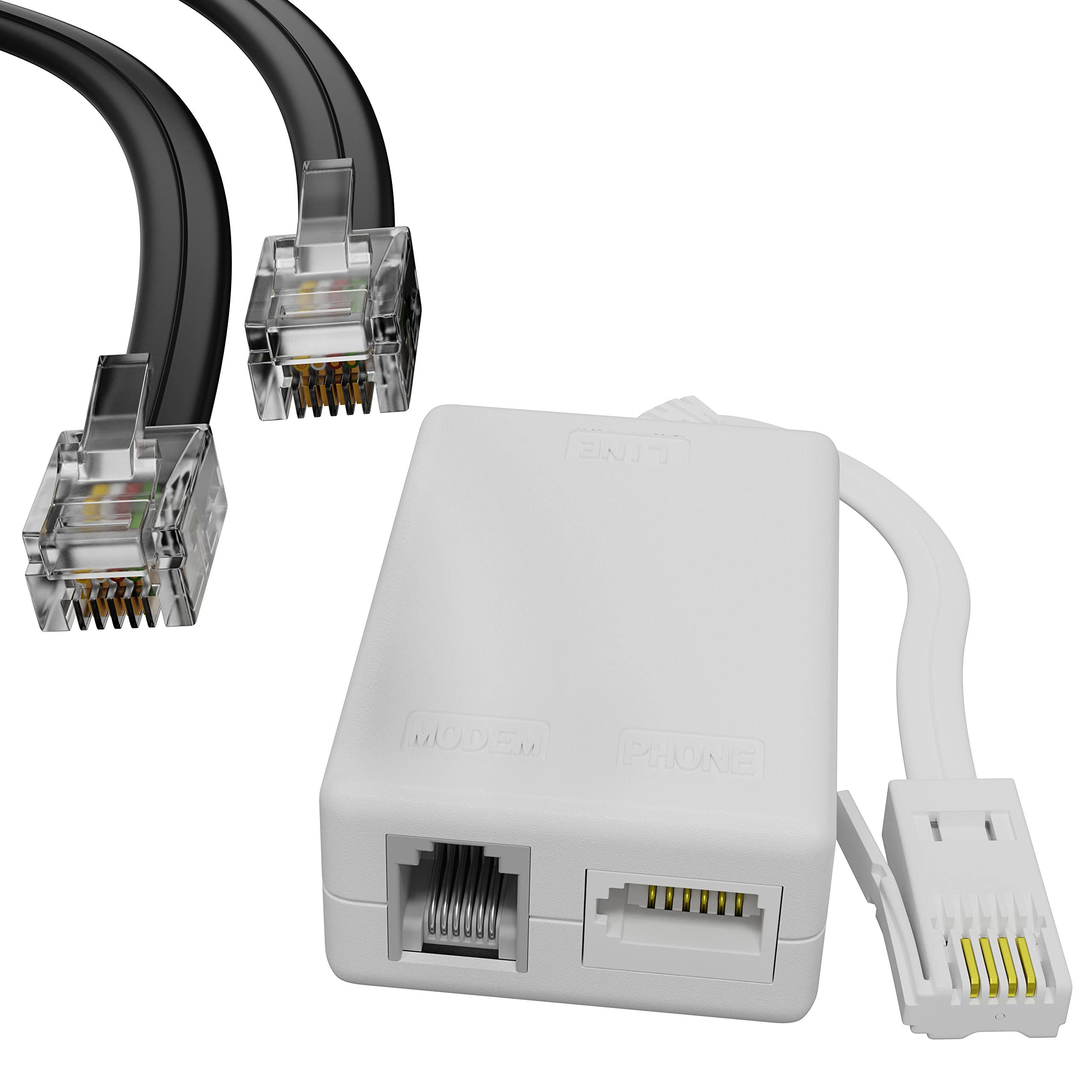 ConnectingU® 5m ADSL Micro Filter/Splitter with Tail Bundled with Black RJ11 Premium Quality Modem Cable with Gold Plated Contact Pins Male to Male.