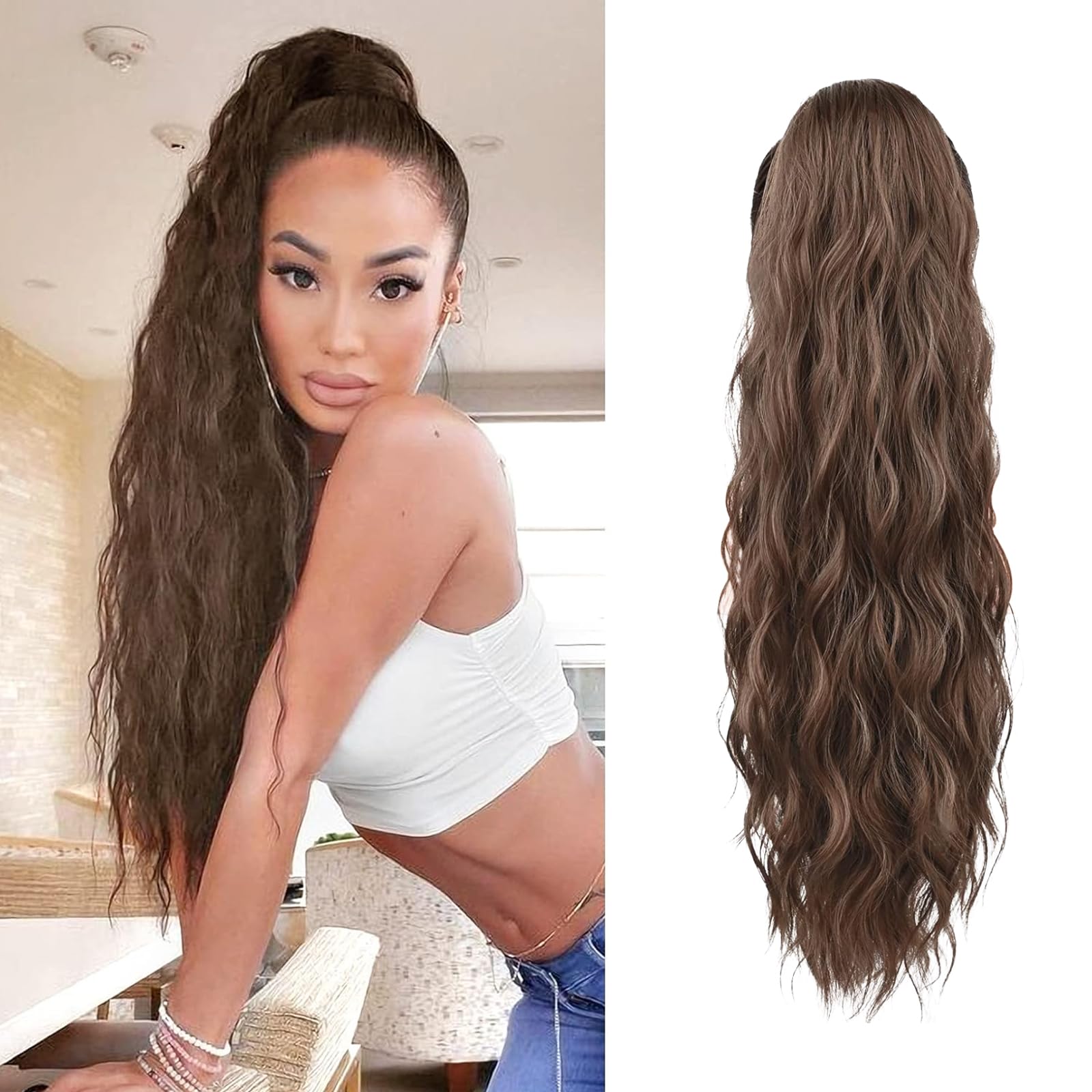 26 Inch Ponytail Extension, Drawstring Ponytail Hair Extensions for Women, Brown with Auburn Long Curly Wavy Ponytail Natural Wavy Synthetic Hairpiece for Women