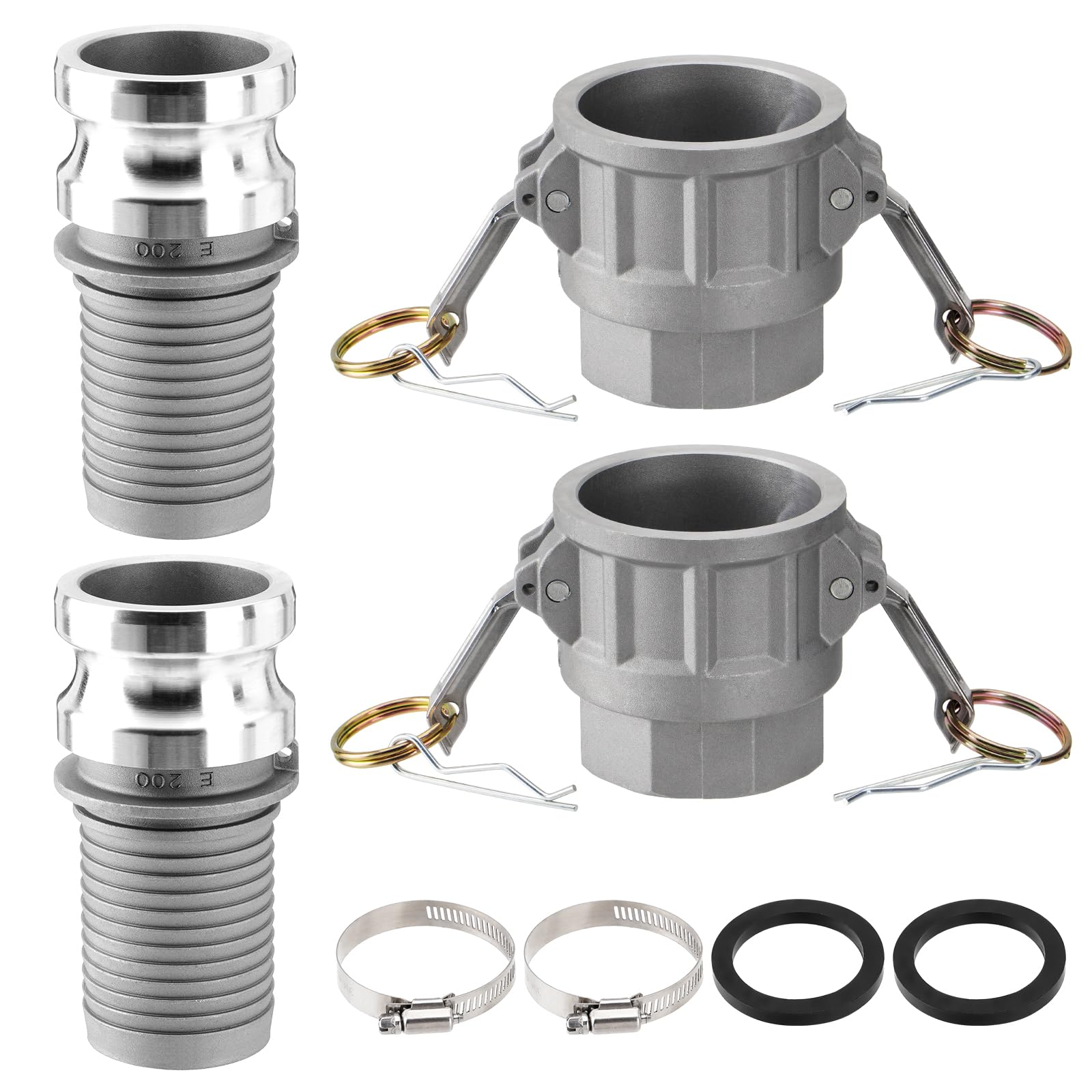 Photo 1 of 2 PCS Aluminum Camlock (2" Part D) Cam & Groove Hose Fittings x 2 PCS Cam lock (2" Type E) Cam and Groove Hose Fittings x 2 Hose Clamps x 2 Cam lock Gasket Fitting