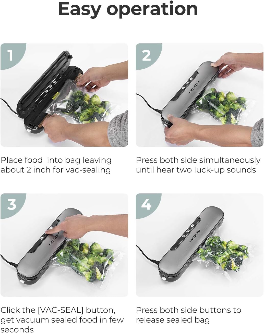 MCJOY Vacuum Sealer Machine, Automatic Operation Vacuum Air Sealing For Food Preservation System, Led Indicator Lights, Compact Design And Easy Clean, 10 Bags (Gray): Kitchen & Dining