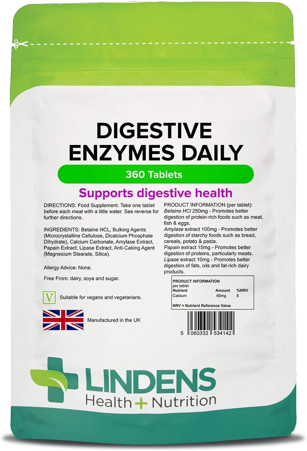 Lindens, Digestive Enzymes Daily, 360 Tablets, for Healthy Digestion Enzyme Blend with Betaine Hcl, Papain, Amylase